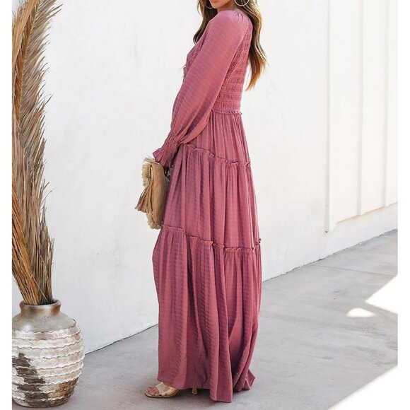 Elegant Long Sleeve Maxi Dress with Empire Waist and Ruffled Hem for Women - Picture 4 of 6